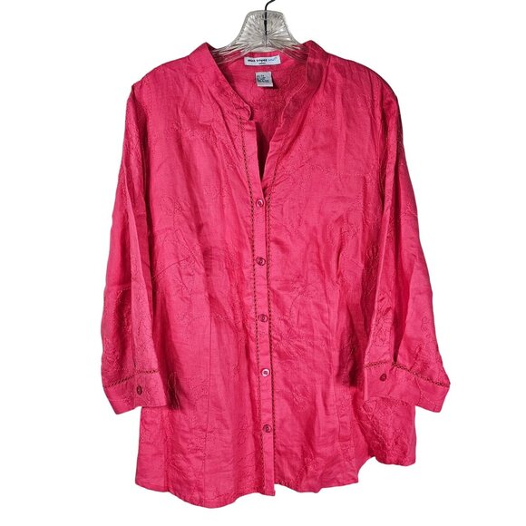 VTG Saint Tropez West Linen Button Up Top 2X Pink Embroidered Relaxed Feminine - Picture 1 of 8